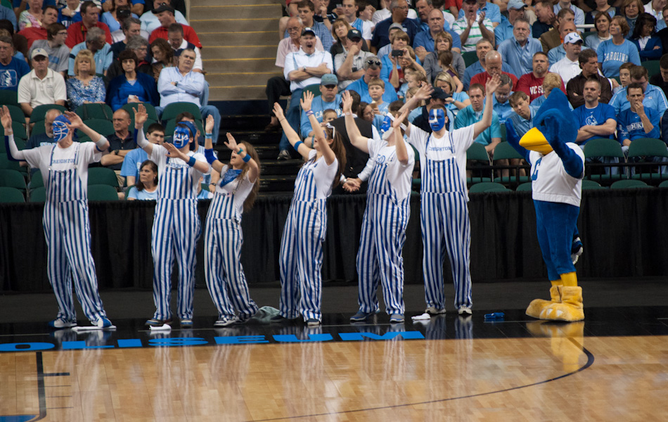 The Creighton Bluejays’ cheerleaders in their overall uniforms. Worst. Uniform. Ever. Taken in Greensboro, March 16.