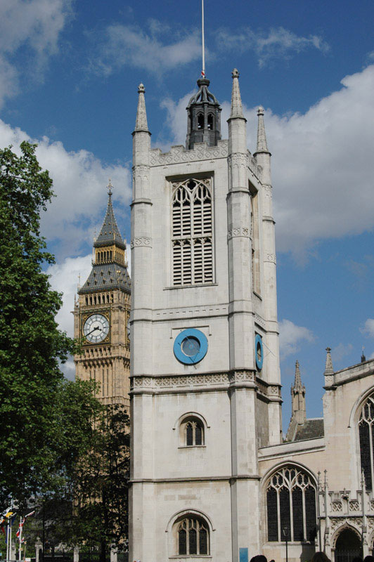One of Westminster Abbey’s towers is shown with Big Ben in the background. Although built hundreds of years apart, the two locations serve as iconic British images.